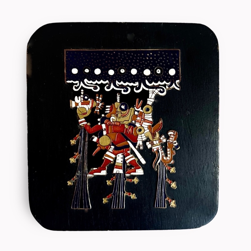 Vintage Wall Plaque Mexico Aztec God of Rain Wood Brass & Enamel- June